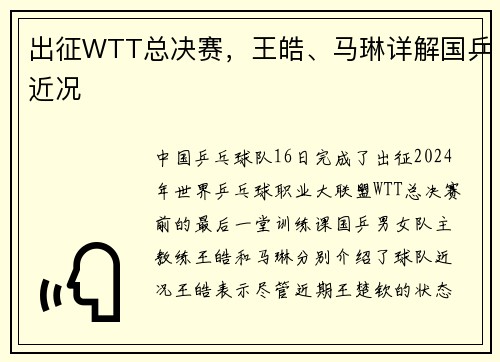 出征WTT总决赛，王皓、马琳详解国乒近况