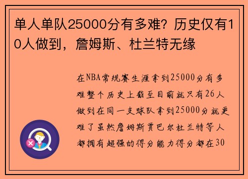 单人单队25000分有多难?历史仅有10人做到,詹姆斯、杜兰特无缘